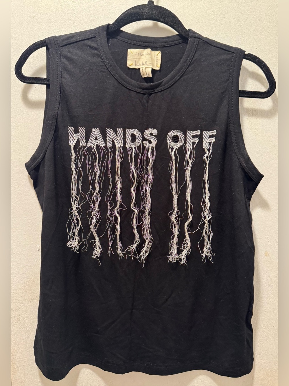Nicole Miller HANDS OFF Black Graphic Fringe Muscle Tank